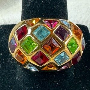 Vintage Ring Multi Colored Rainbow Style Austrian Crystals Dome Ring  Sz 8 1/2